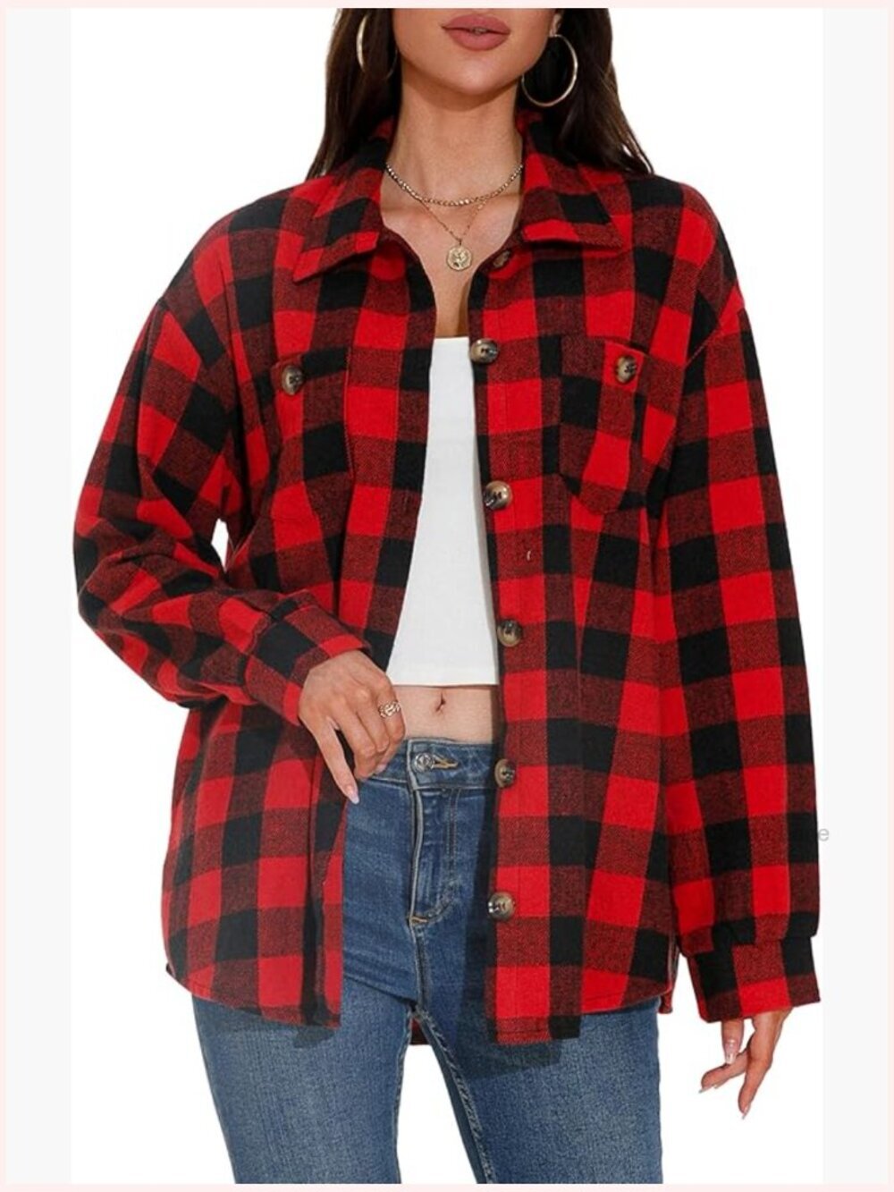 Womens Flannel Button Down Shacket with Pockets Warm Layering Piece